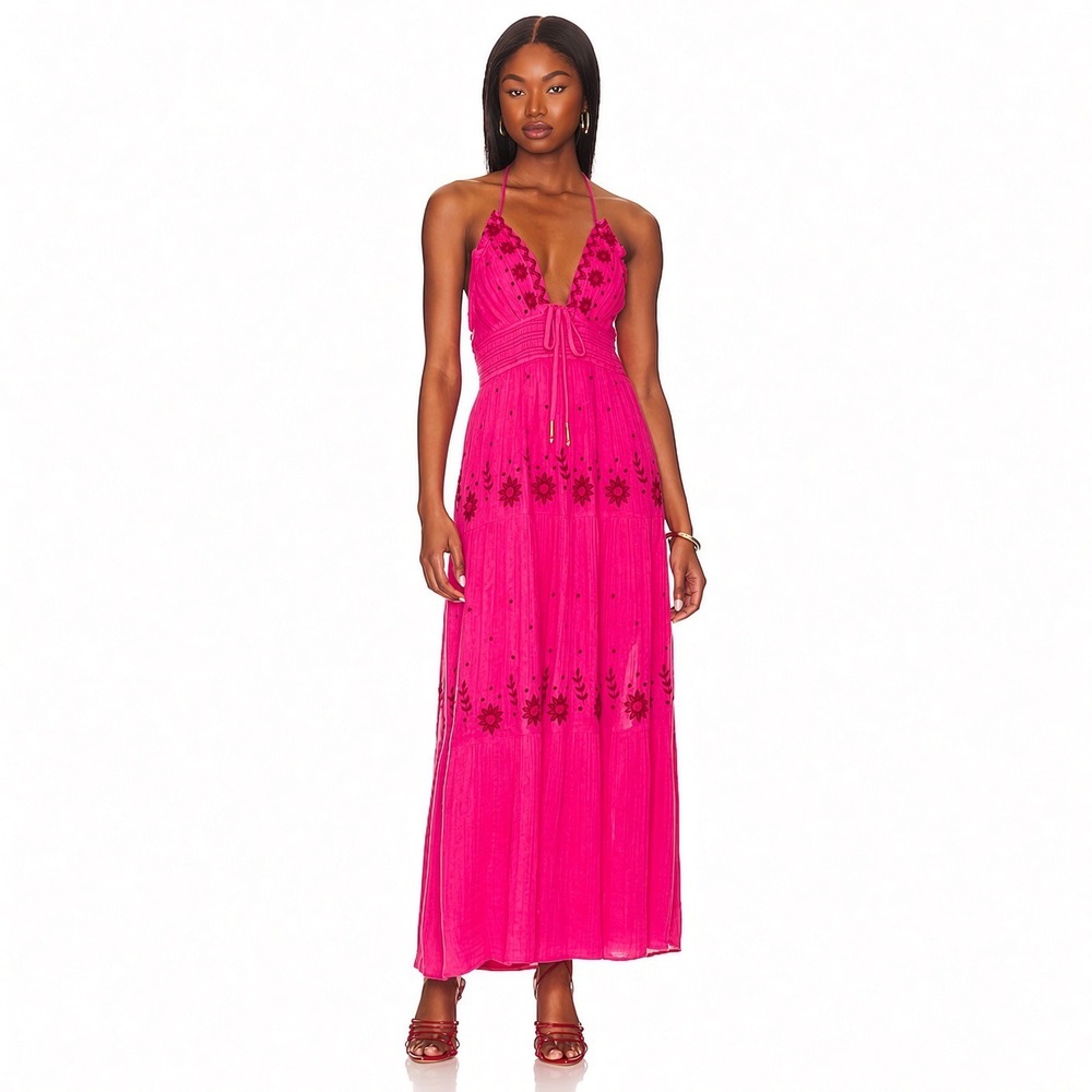 Free People Real Love Maxi Dress Moxie Combo Pink Embroidered Halter Small